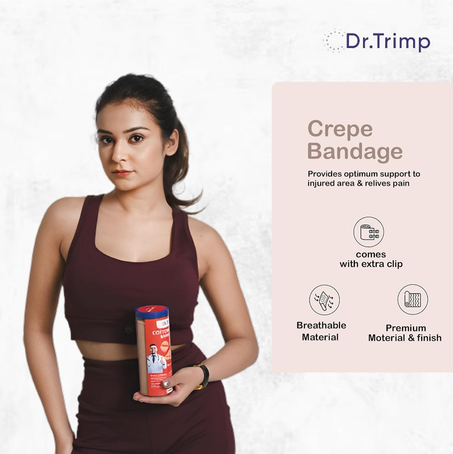 Dr.Trimp Crepe Bandage product creative with athlete model and feature callouts