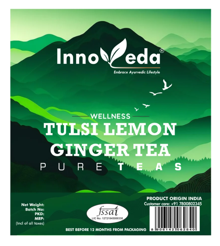 InnoVeda Tulsi Lemon Ginger Tea packaging design — Ayurvedic wellness pure teas label