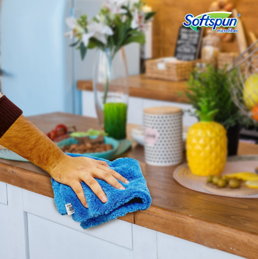 Softspun microfiber cloth lifestyle product photography in a modern kitchen
