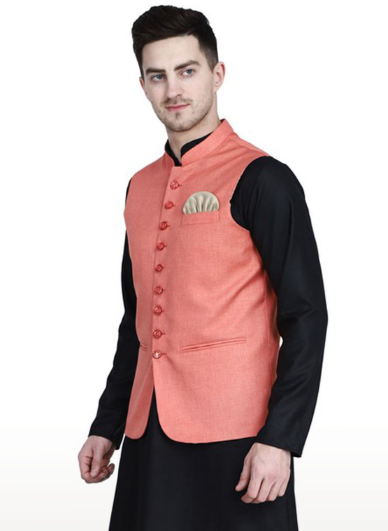 Tahvo Designs on-model studio photography — coral Nehru jacket over black kurta